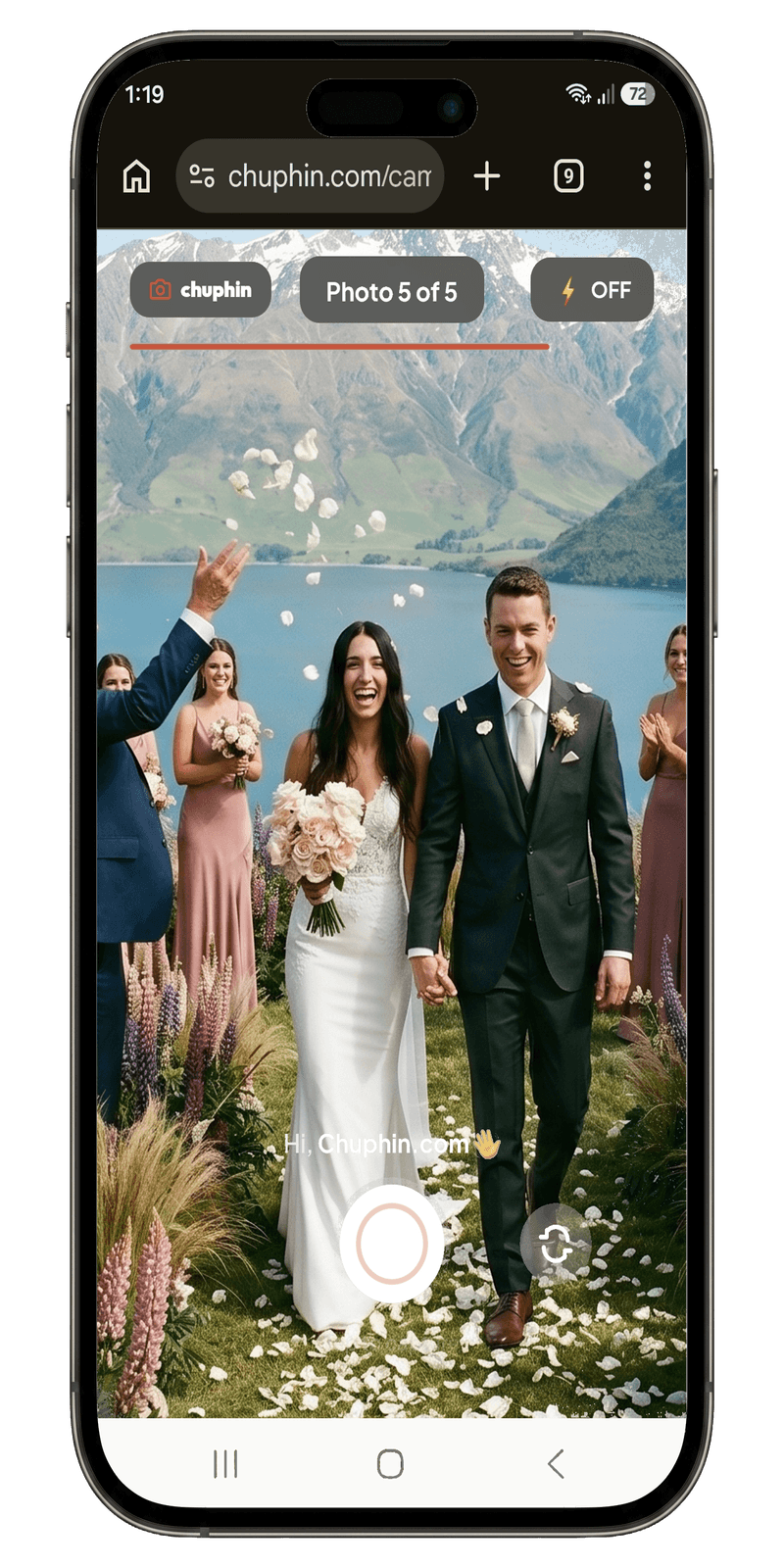 Chuphin guest camera interface on a mobile phone showing the live viewfinder