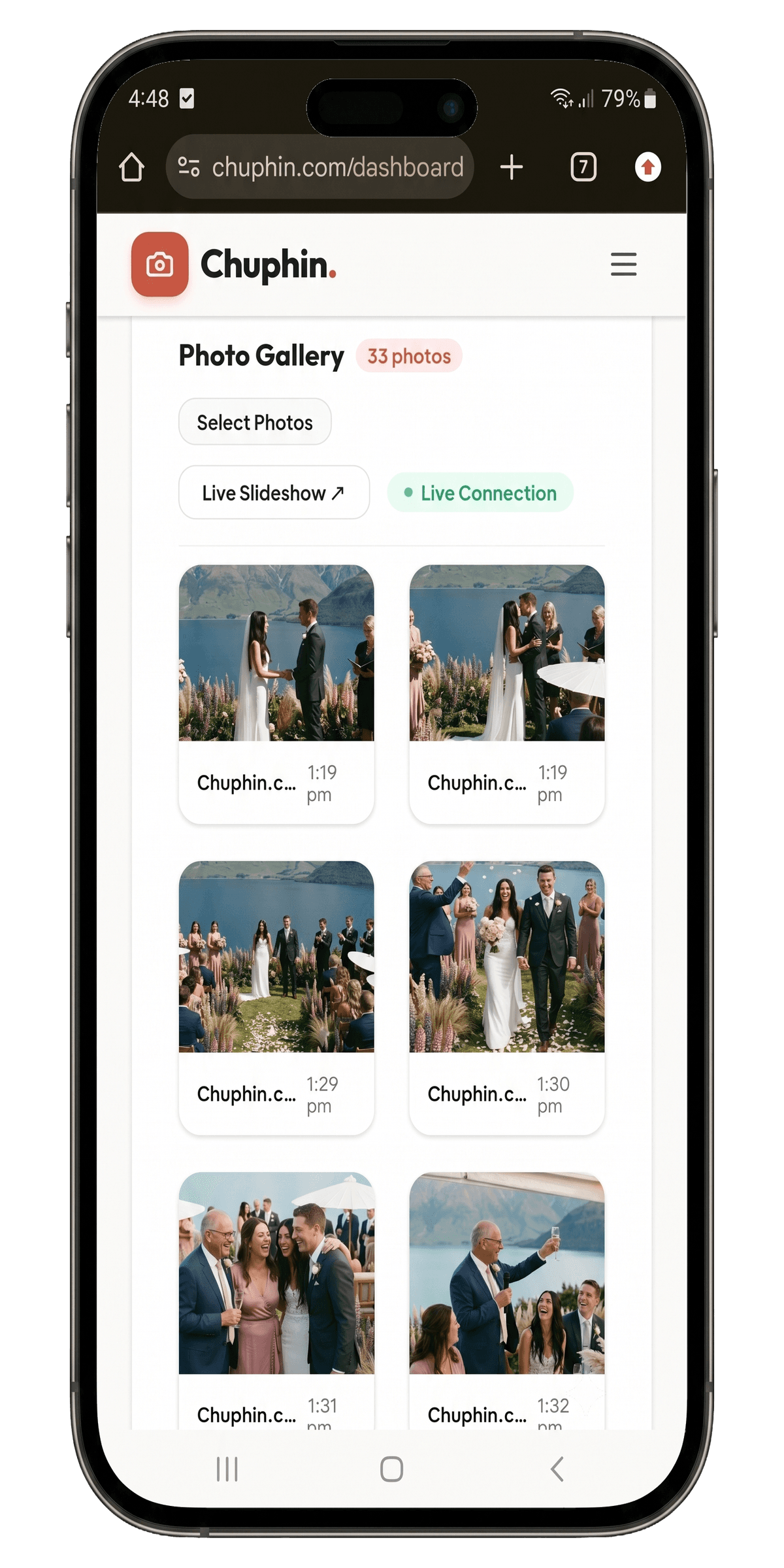 Chuphin host dashboard private gallery on a mobile phone showing live guest photos