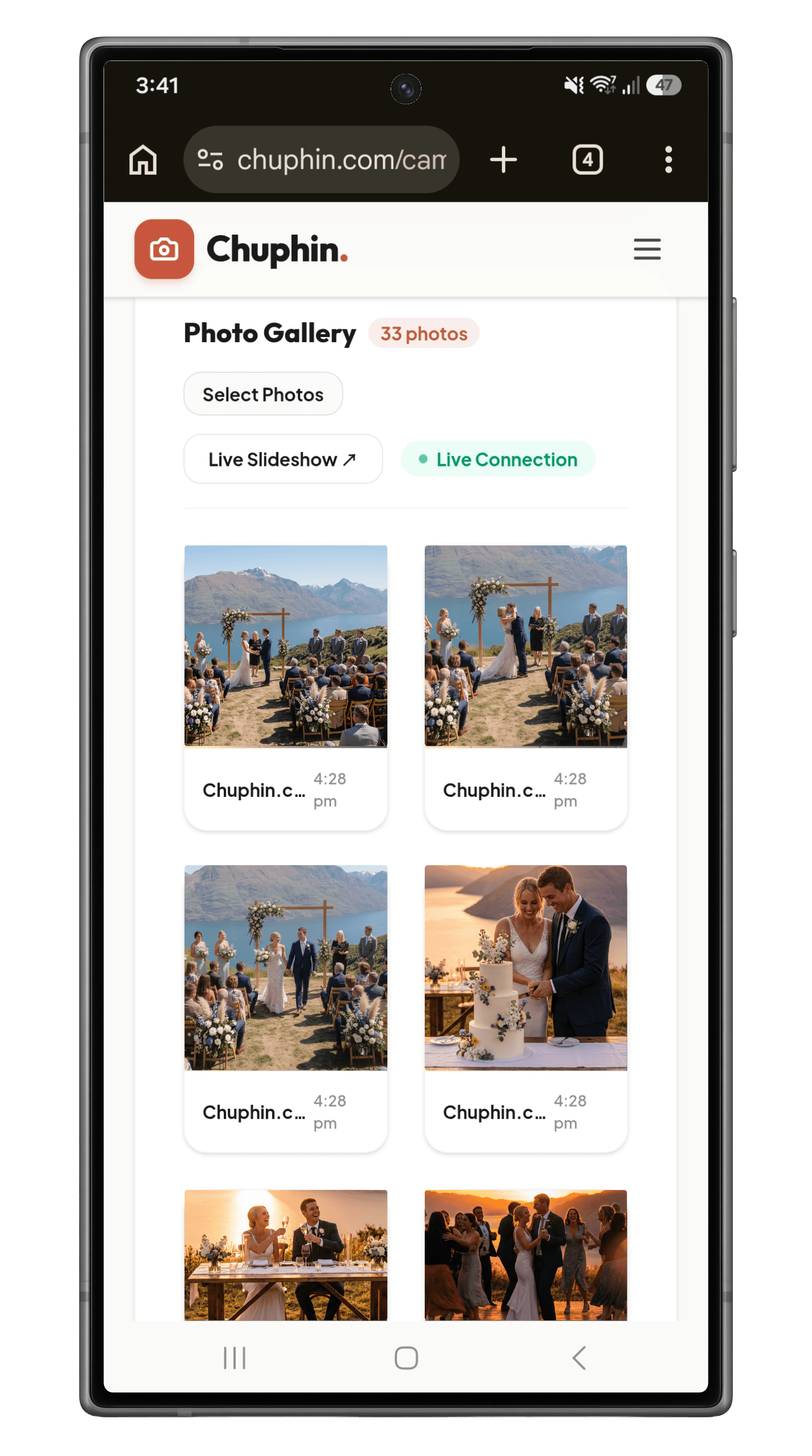 Chuphin host dashboard private gallery on a mobile phone showing live guest photos